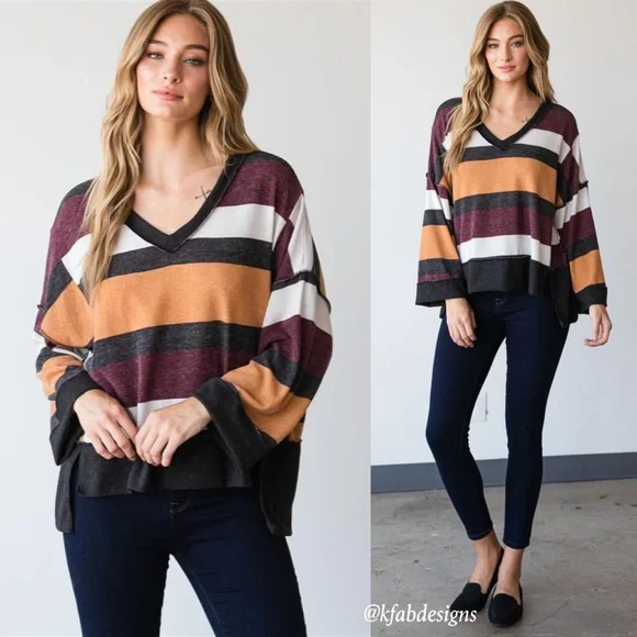 LAST FEW! V Neck Large Striped Soft Top In a Relaxed Style and Rich Colors! - Picture 3 of 7